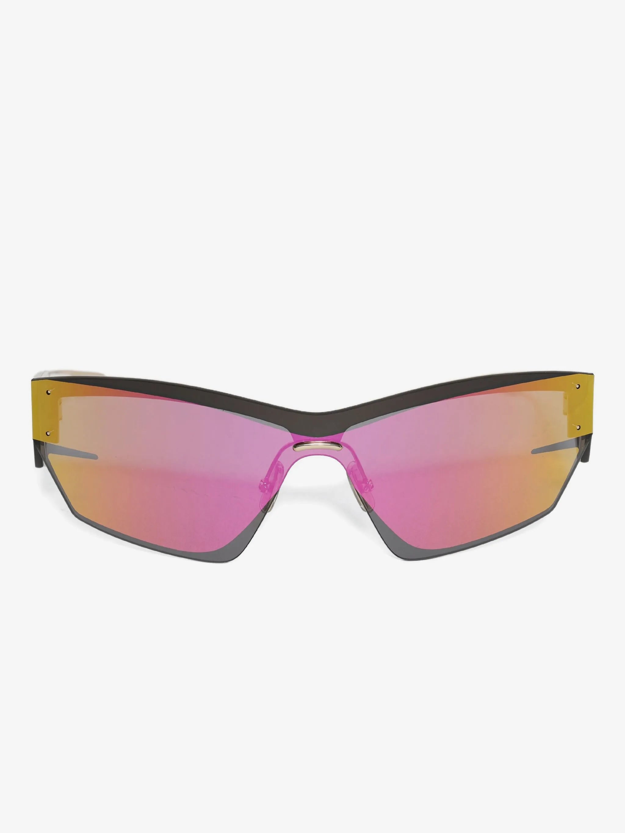 Sporty wrap-around sunglasses with a black frame and vibrant pink-to-yellow mirrored lenses, shown against a plain light gray background.