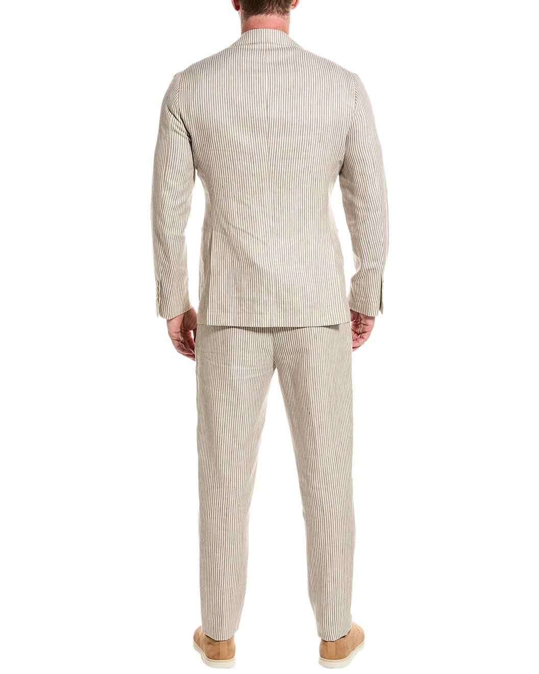BRUNELLO CUCINELLI MEN'S BEIGE PINSTRIPE SUIT WITH BLAZER