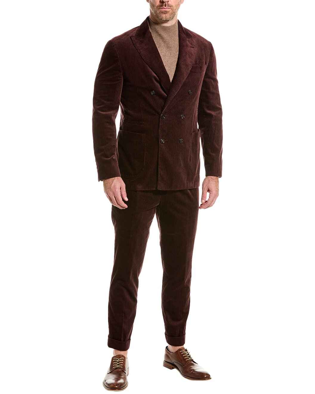 BRUNELLO CUCINELLI MEN'S PLUM DOUBLE-BREASTED CORDUROY SUIT