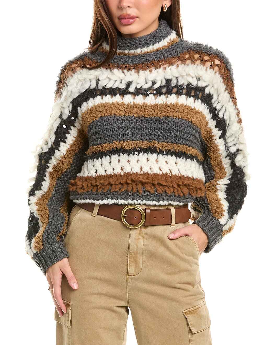 BRUNELLO CUCINELLI WOMEN'S LEAD CASHMERE STRIPED KNIT SWEATER