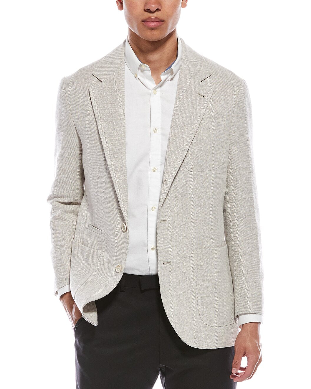 BRUNELLO CUCINELLI MEN'S PLASTER LINEN SILK WOOL BLEND BLAZER