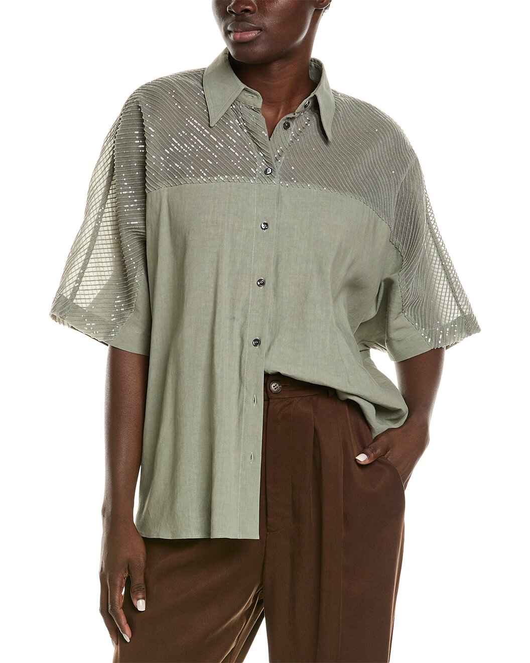 BRUNELLO CUCINELLI WOMEN'S SAGE SHIRT WITH SHEER SEQUINED YOKE