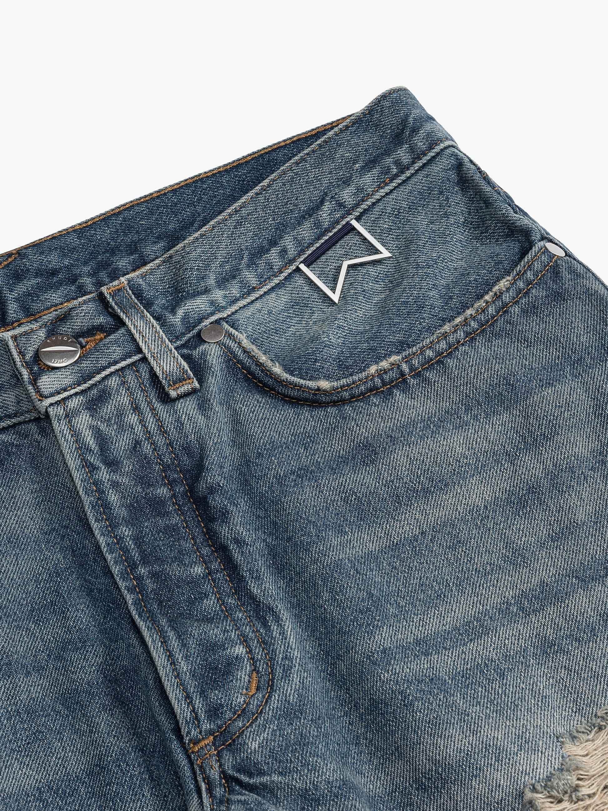 RHUDE MEN'S BLUE DISTRESSED DENIM TROUSERS