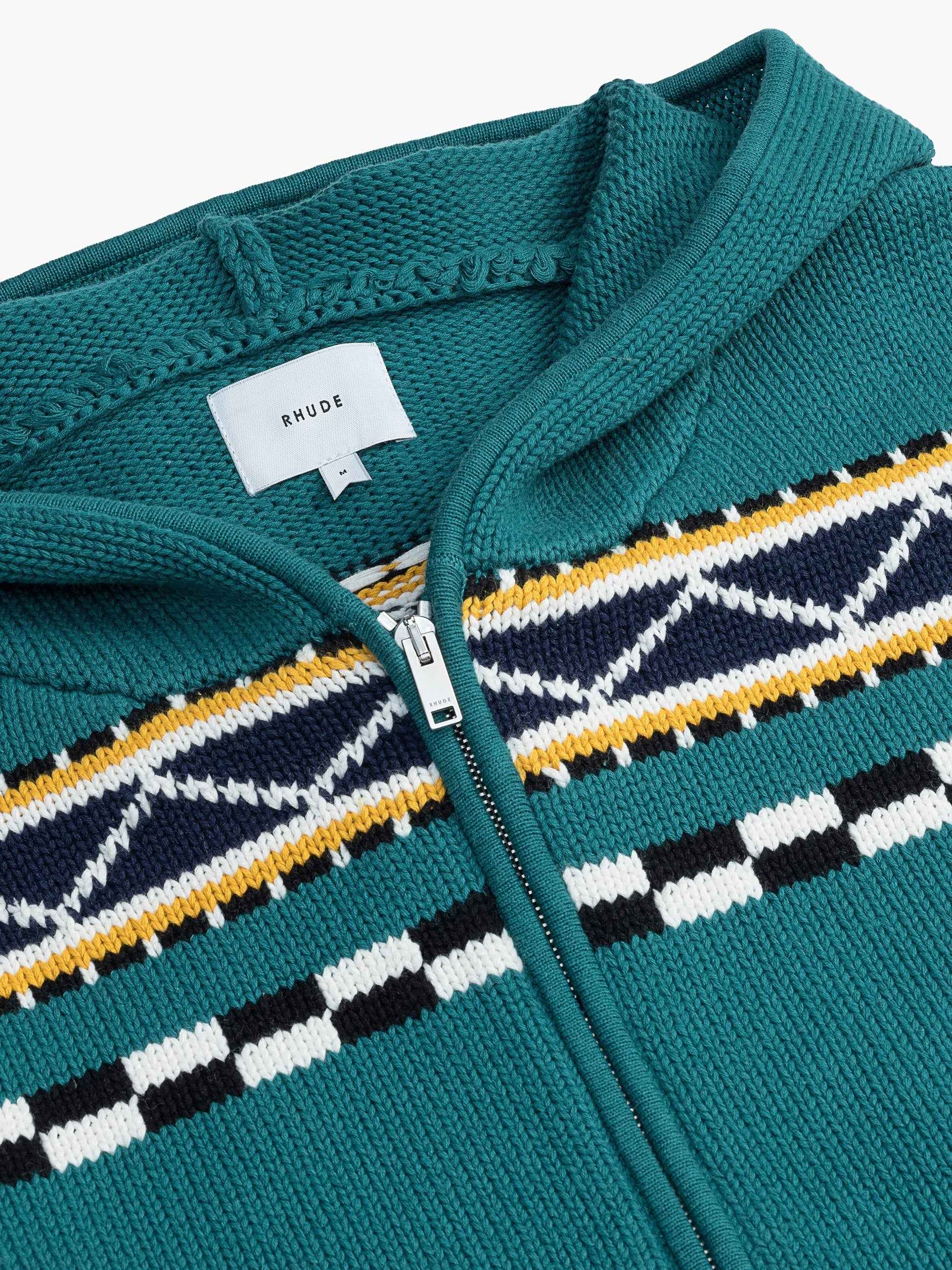 RHUDE MEN'S TEAL WOOL KNIT ZIP-UP HOODIE