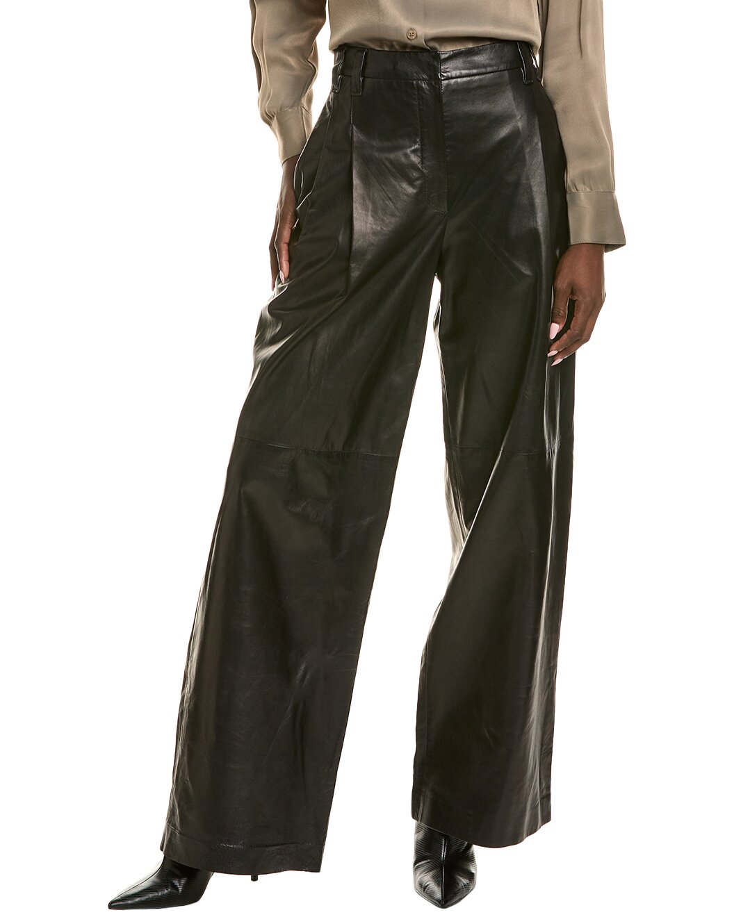 BRUNELLO CUCINELLI WOMEN'S BLACK LEATHER WIDE TROUSERS