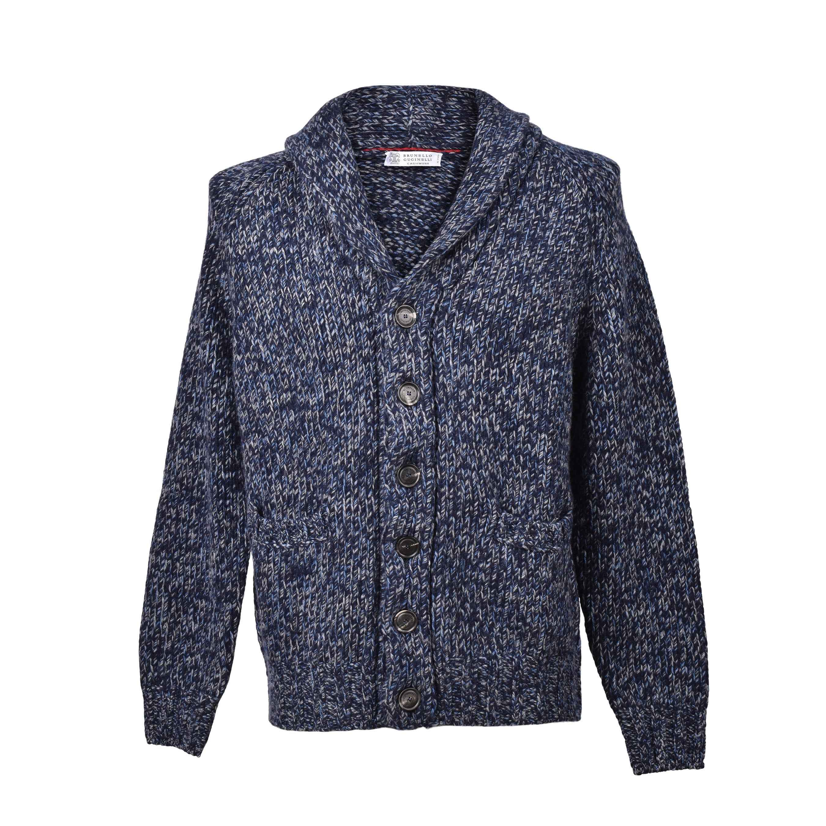 BRUNELLO CUCINELLI MEN'S BLUE CASHMERE BLEND KNIT CARDIGAN