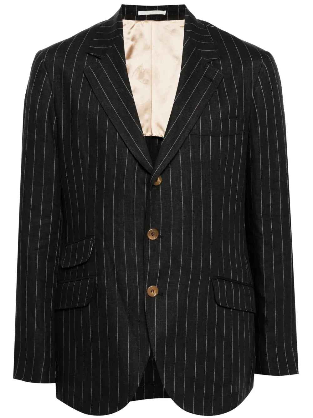 BRUNELLO CUCINELLI MEN'S BLACK LINEN PINSTRIPE BLAZER