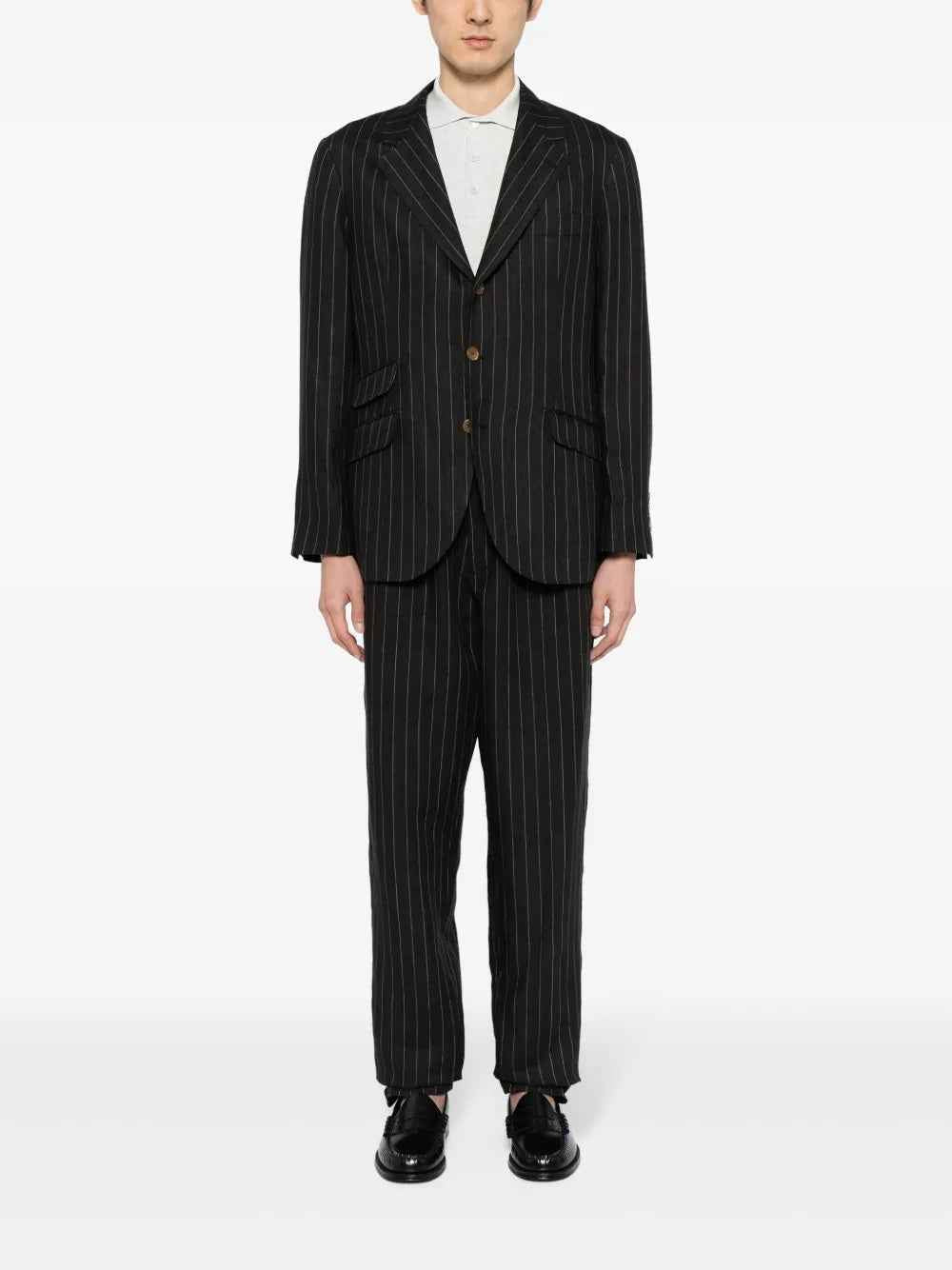 BRUNELLO CUCINELLI MEN'S BLACK LINEN PINSTRIPE BLAZER