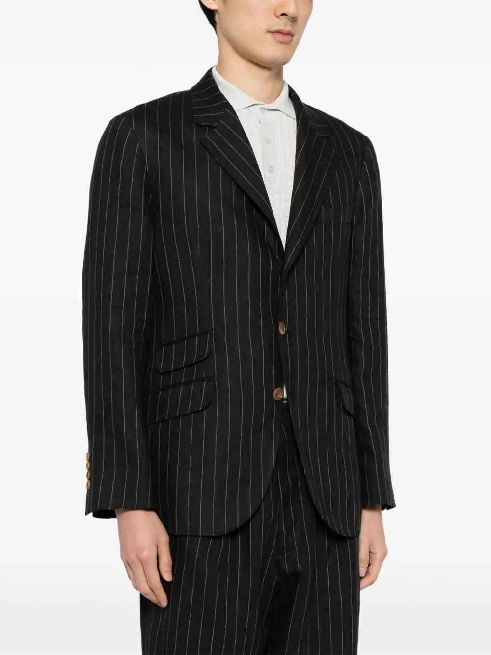 BRUNELLO CUCINELLI MEN'S BLACK LINEN PINSTRIPE BLAZER