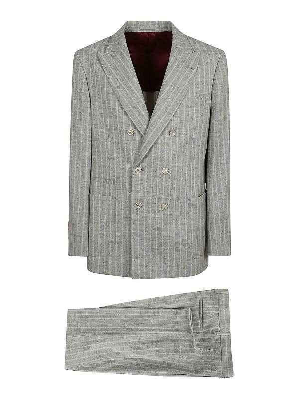 BRUNELLO CUCINELLI MEN'S GRAY PINSTRIPE DOUBLE-BREASTED SUIT