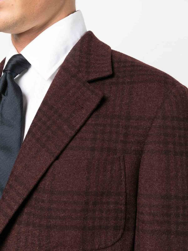BRUNELLO CUCINELLI MEN'S DEEP BURGUNDY PLAID DECONSTRUCTED BLAZER