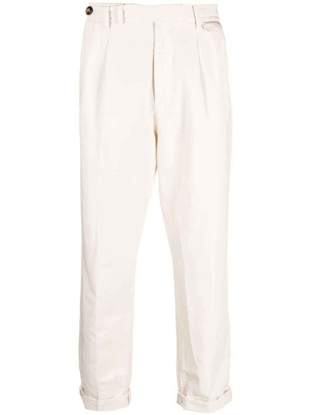 BRUNELLO CUCINELLI MEN'S OFF-WHITE PLEATED TROUSERS WITH CUFFS