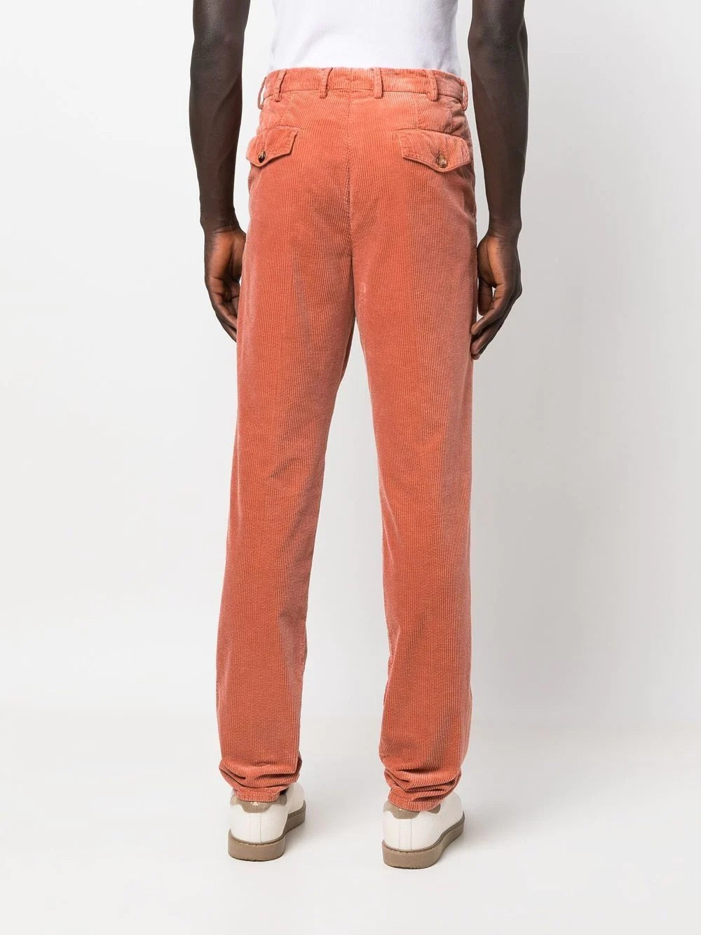 BRUNELLO CUCINELLI MEN'S ORANGE PLEATED CORDUROY TROUSERS
