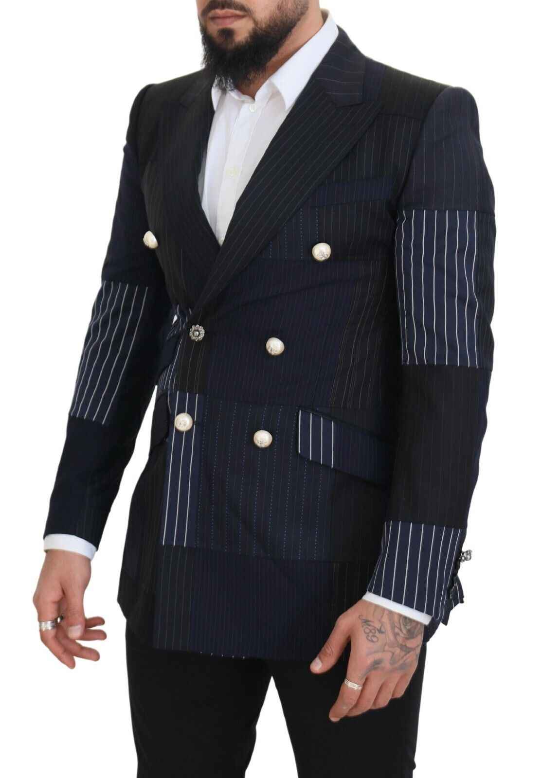 Dolce & Gabbana Blue Wool Patchwork Double Breasted Blazer