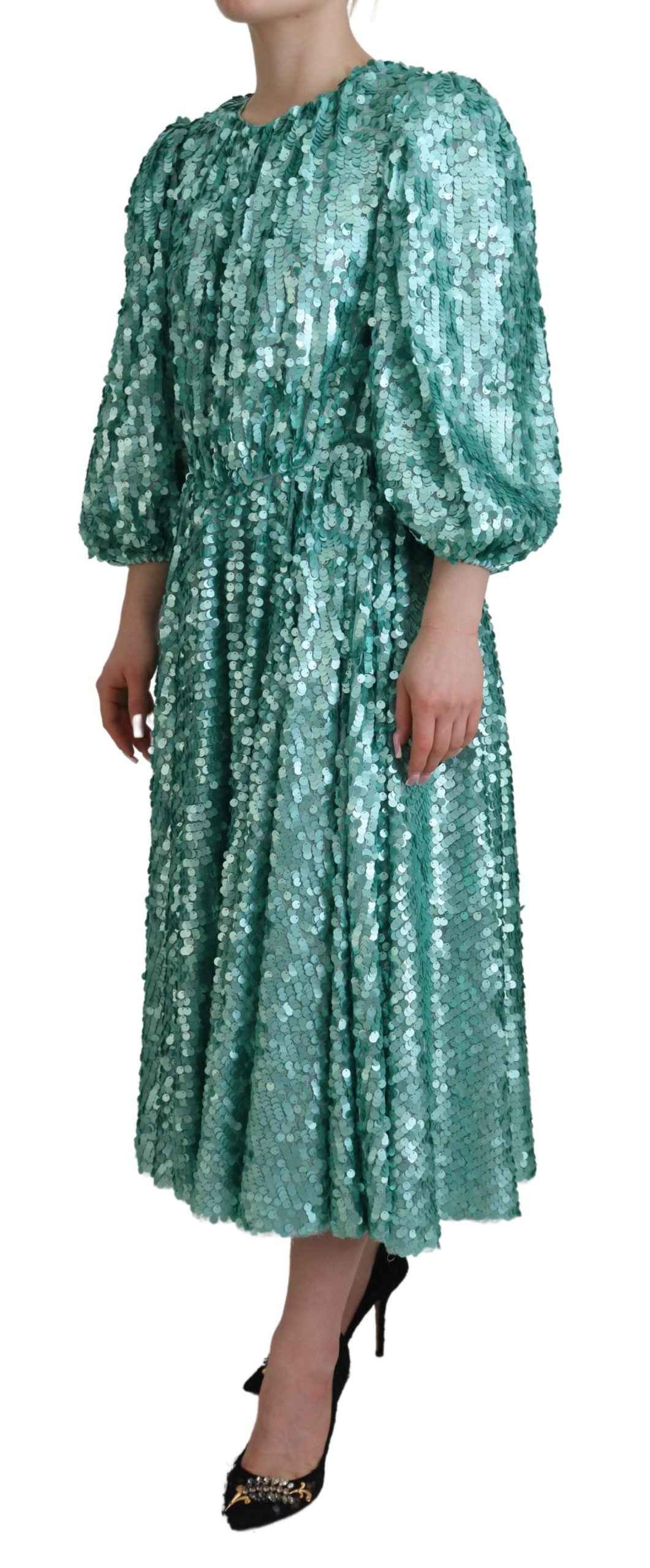Dolce & Gabbana Blue Sequined Pleated Aline Midi Nylon Dress