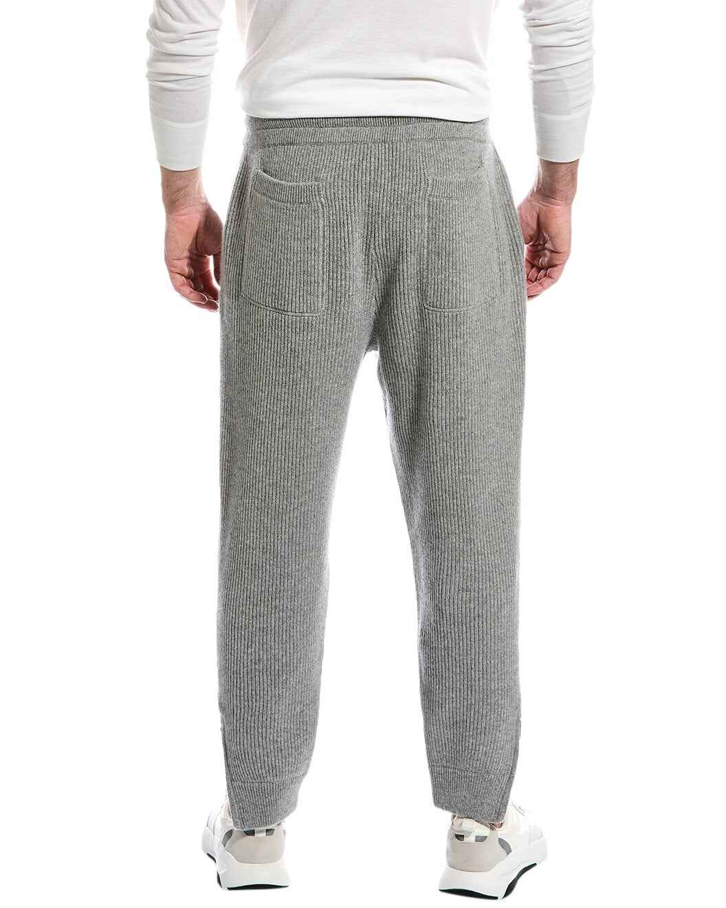 BRUNELLO CUCINELLI MEN'S LIGHT GREY CASHMERE RIBBED DRAWSTRING TROUSERS