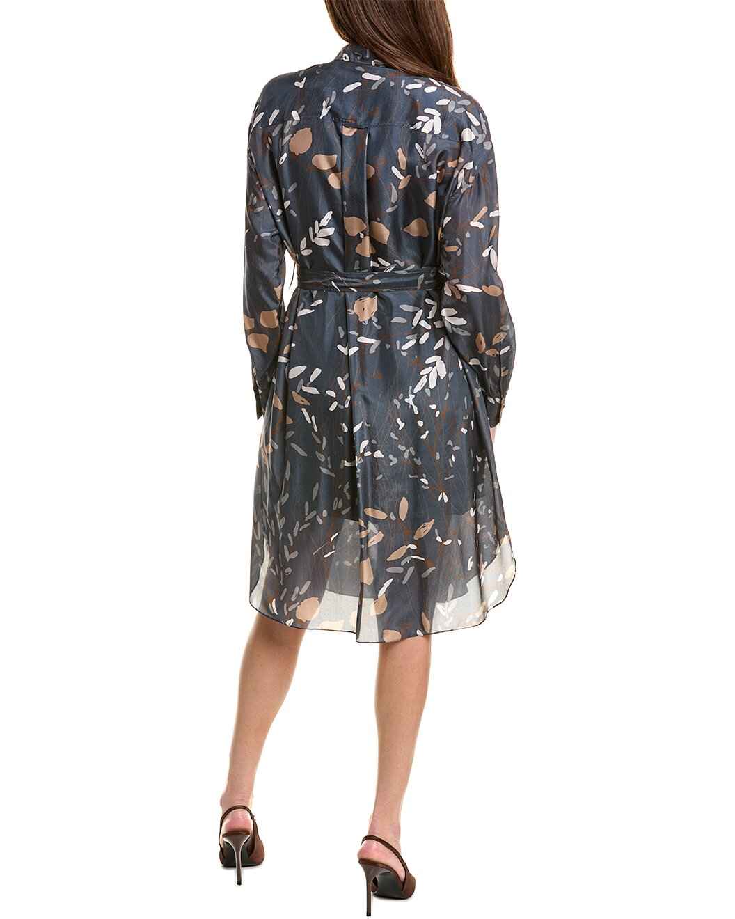 BRUNELLO CUCINELLI WOMEN'S BLUE PATTERNED SHIRT DRESS WITH BELT