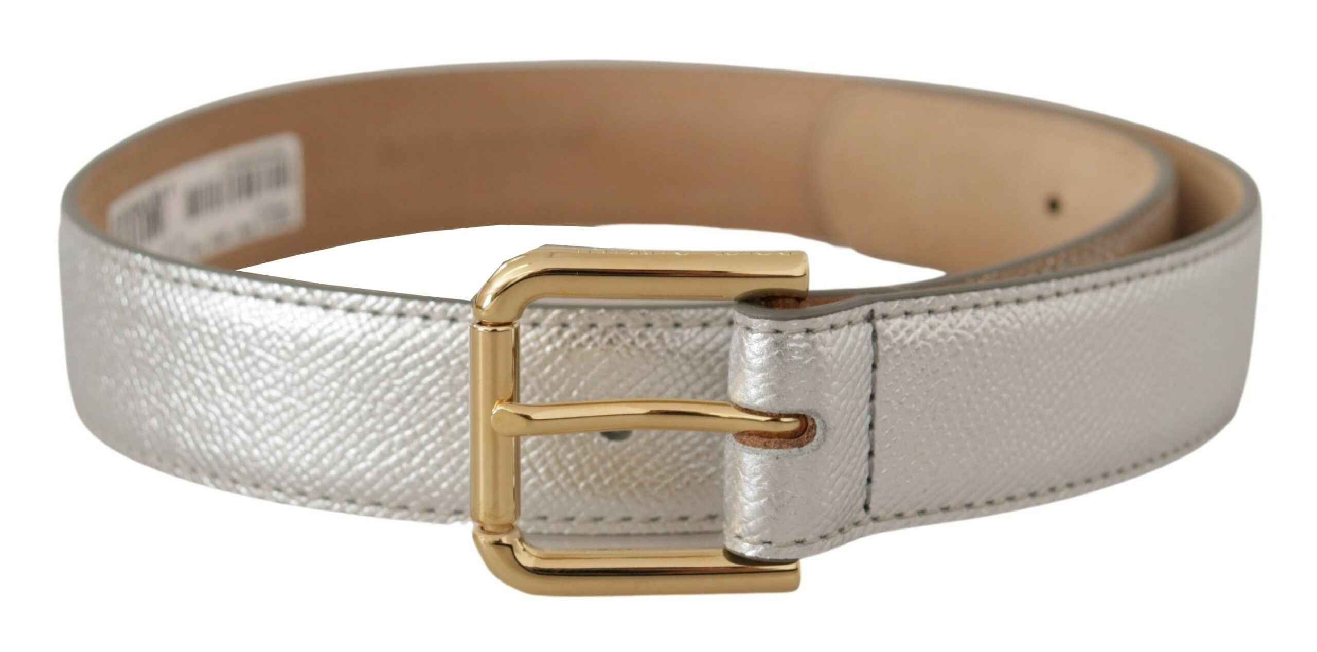 Dolce & Gabbana Silver Leather Gold Tone Logo Metal Waist Buckle Belt