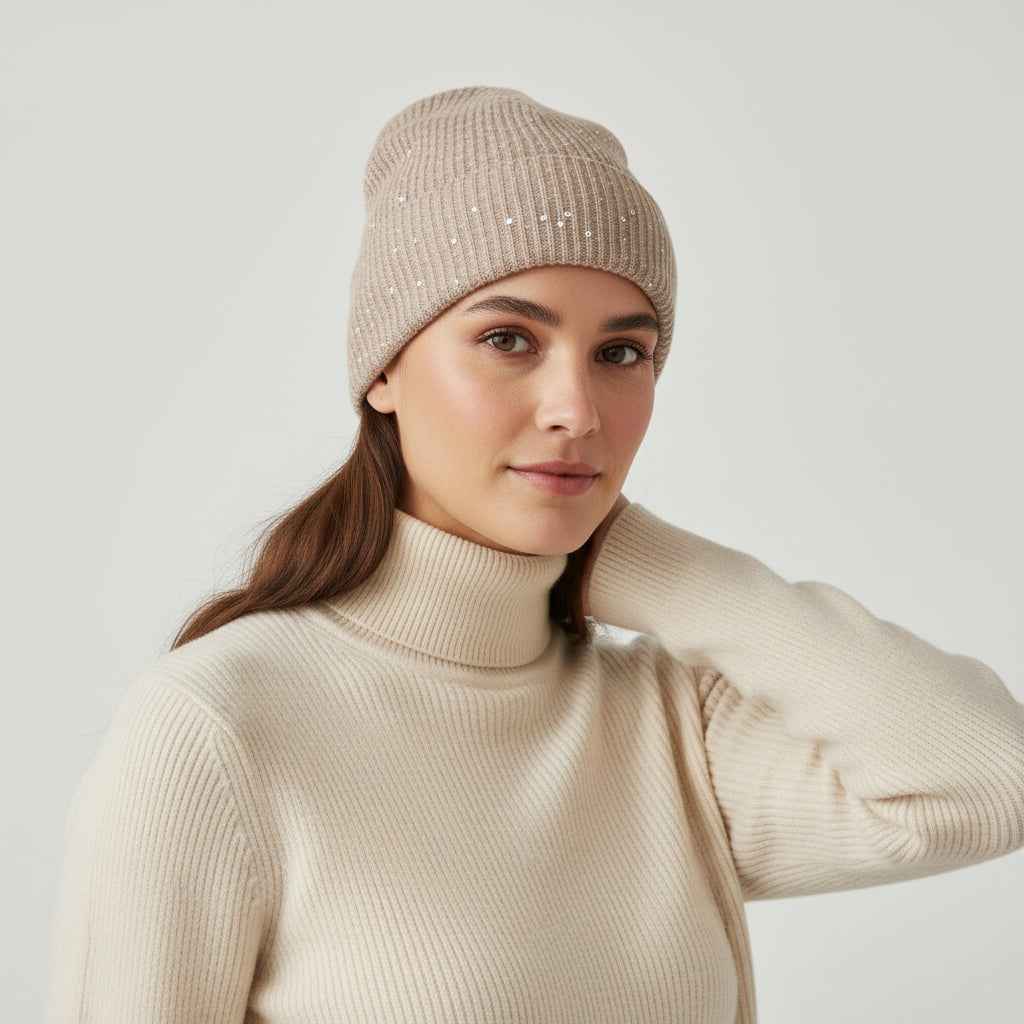 BRUNELLO CUCINELLI WOMEN'S BROWN CASHMERE SEQUIN KNIT BEANIE
