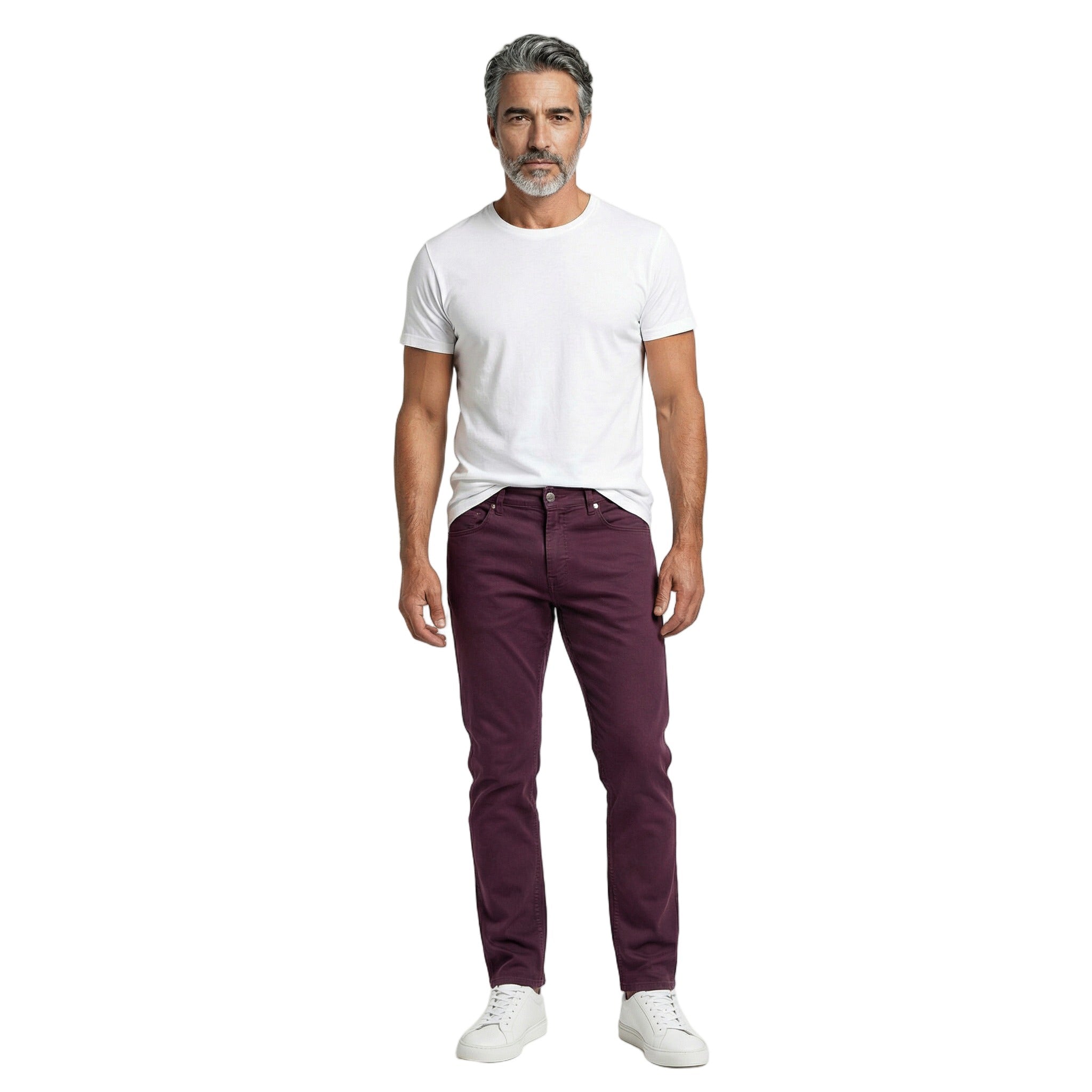 BRUNELLO CUCINELLI MEN'S BURGUNDY DENIM FIVE-POCKET TROUSERS