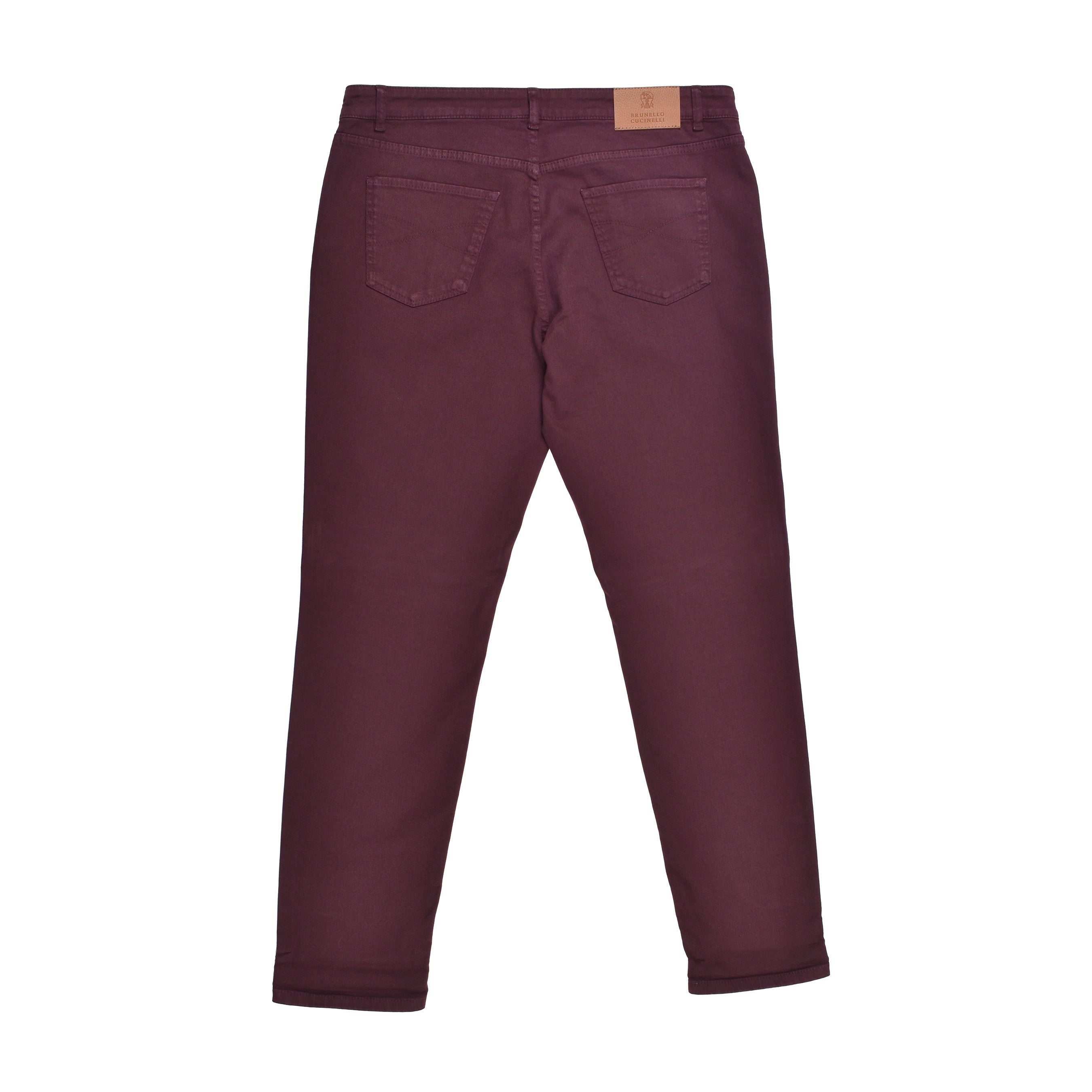 BRUNELLO CUCINELLI MEN'S BURGUNDY DENIM FIVE-POCKET TROUSERS