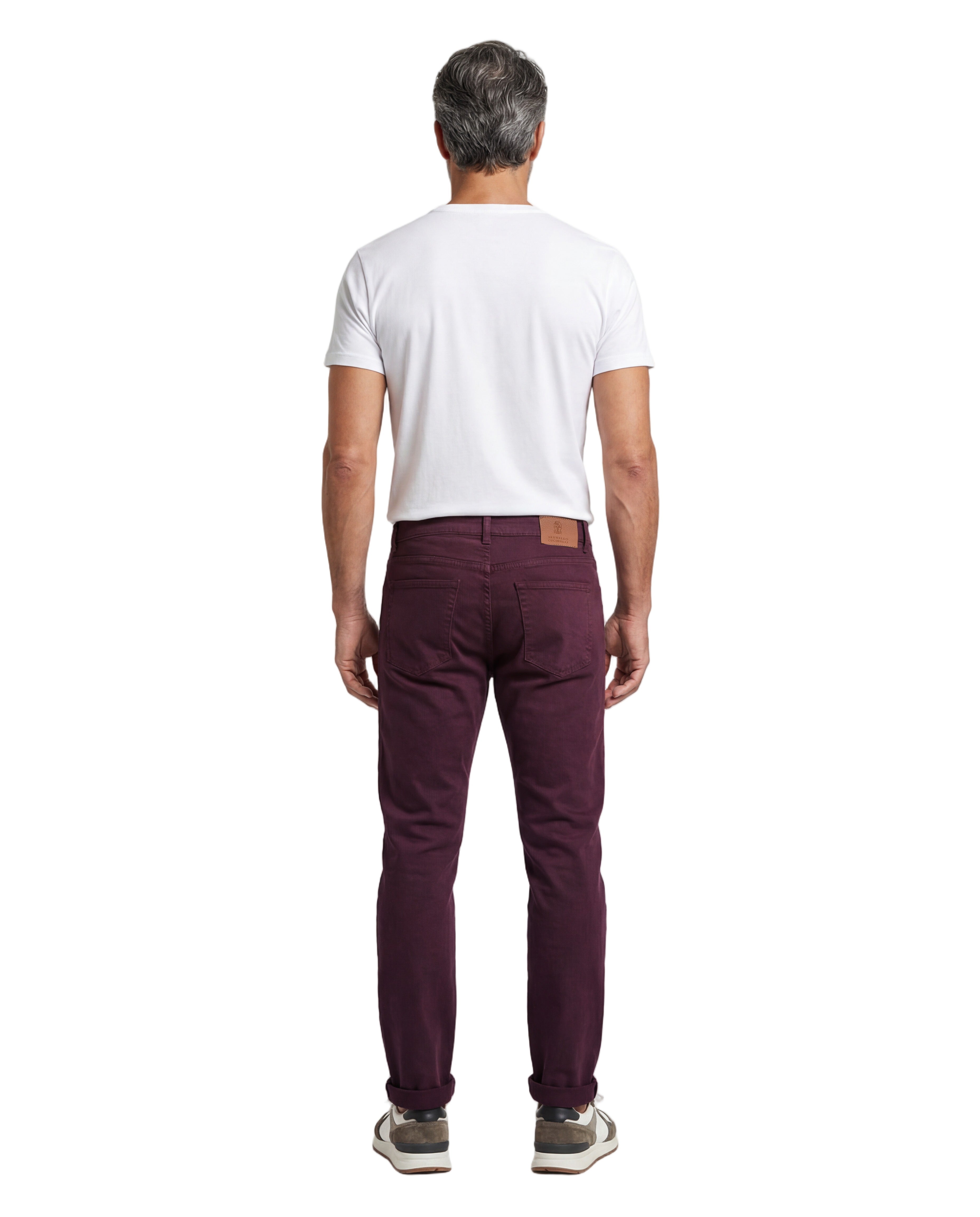 BRUNELLO CUCINELLI MEN'S BURGUNDY DENIM FIVE-POCKET TROUSERS