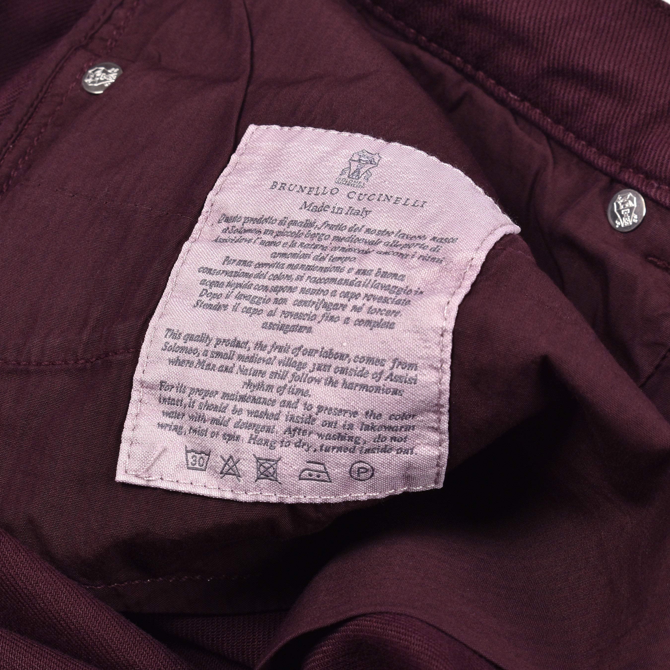 BRUNELLO CUCINELLI MEN'S BURGUNDY DENIM FIVE-POCKET TROUSERS