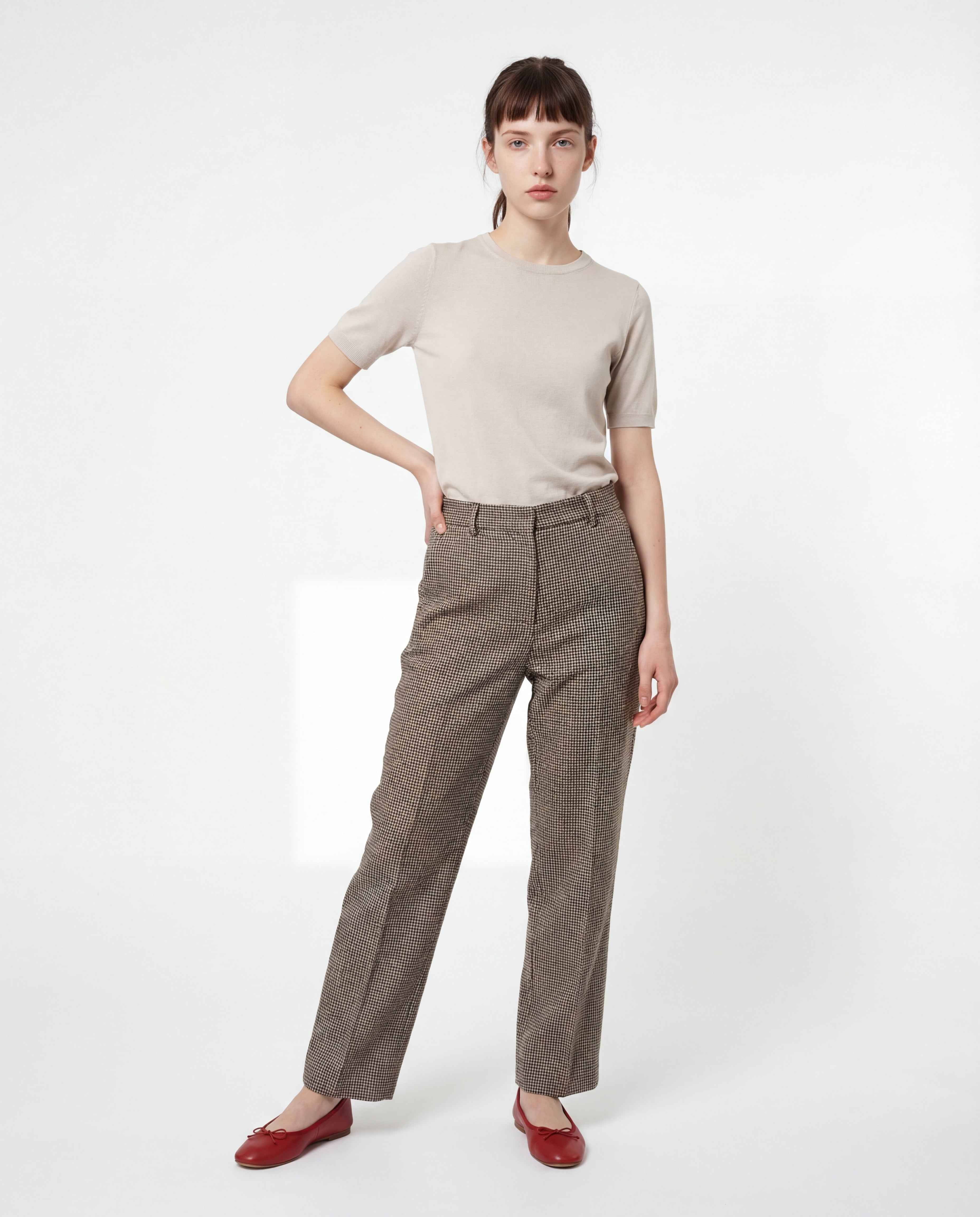 BRUNELLO CUCINELLI WOMEN'S BEIGE BLUE LINEN HOUNDSTOOTH TROUSERS