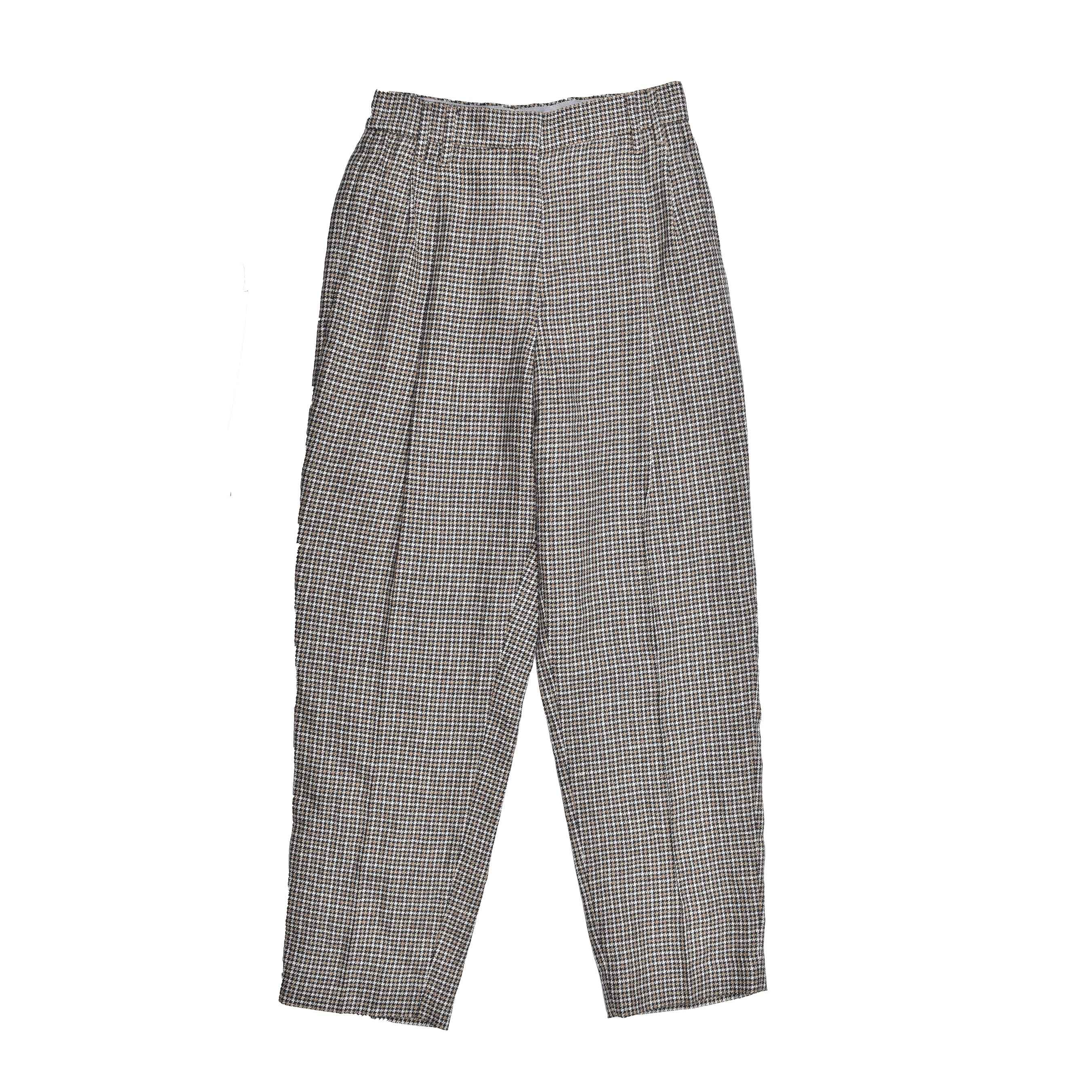BRUNELLO CUCINELLI WOMEN'S BEIGE BLUE LINEN HOUNDSTOOTH TROUSERS