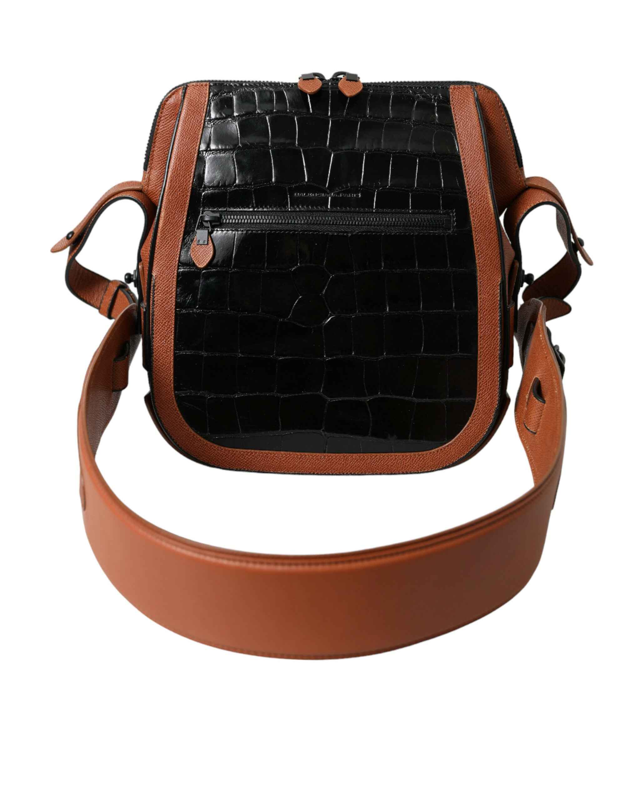 Balenciaga Black Brown Exotic Skin Leather Vertical Crossbody Purse Bag