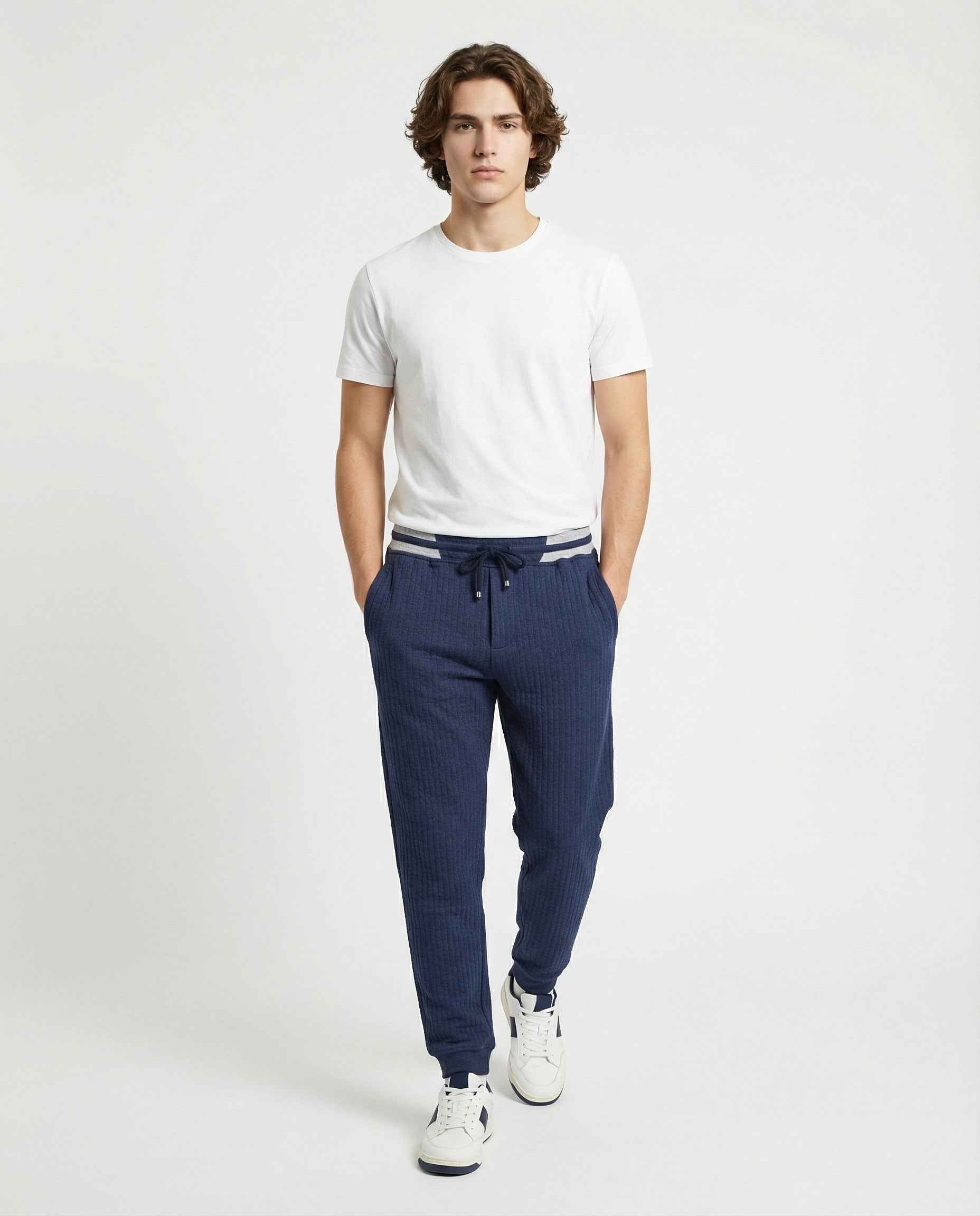 BRUNELLO CUCINELLI MEN'S BLUE RIBBED KNIT TROUSERS