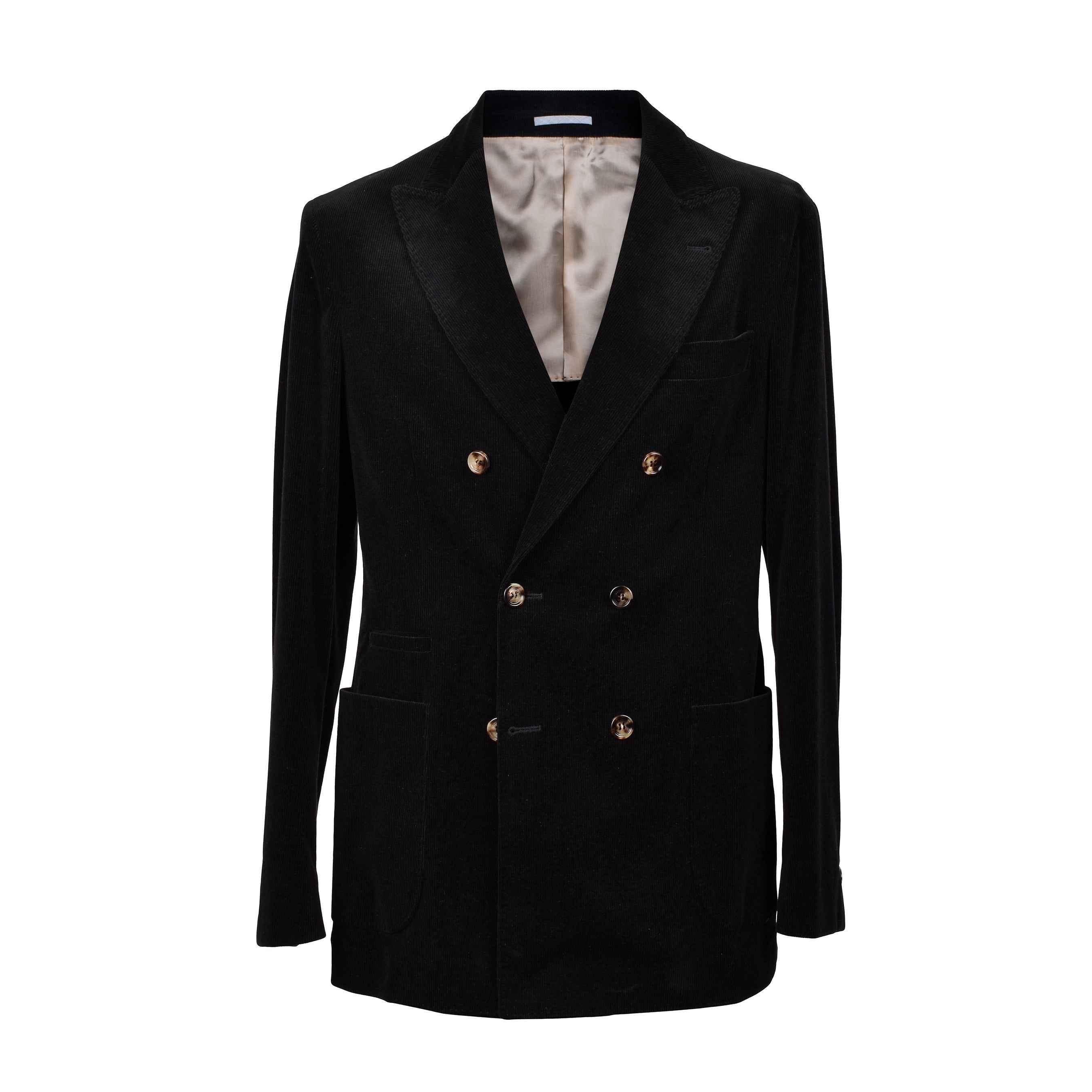 BRUNELLO CUCINELLI MEN'S JET BLACK CORDUROY DOUBLE-BREASTED SUIT