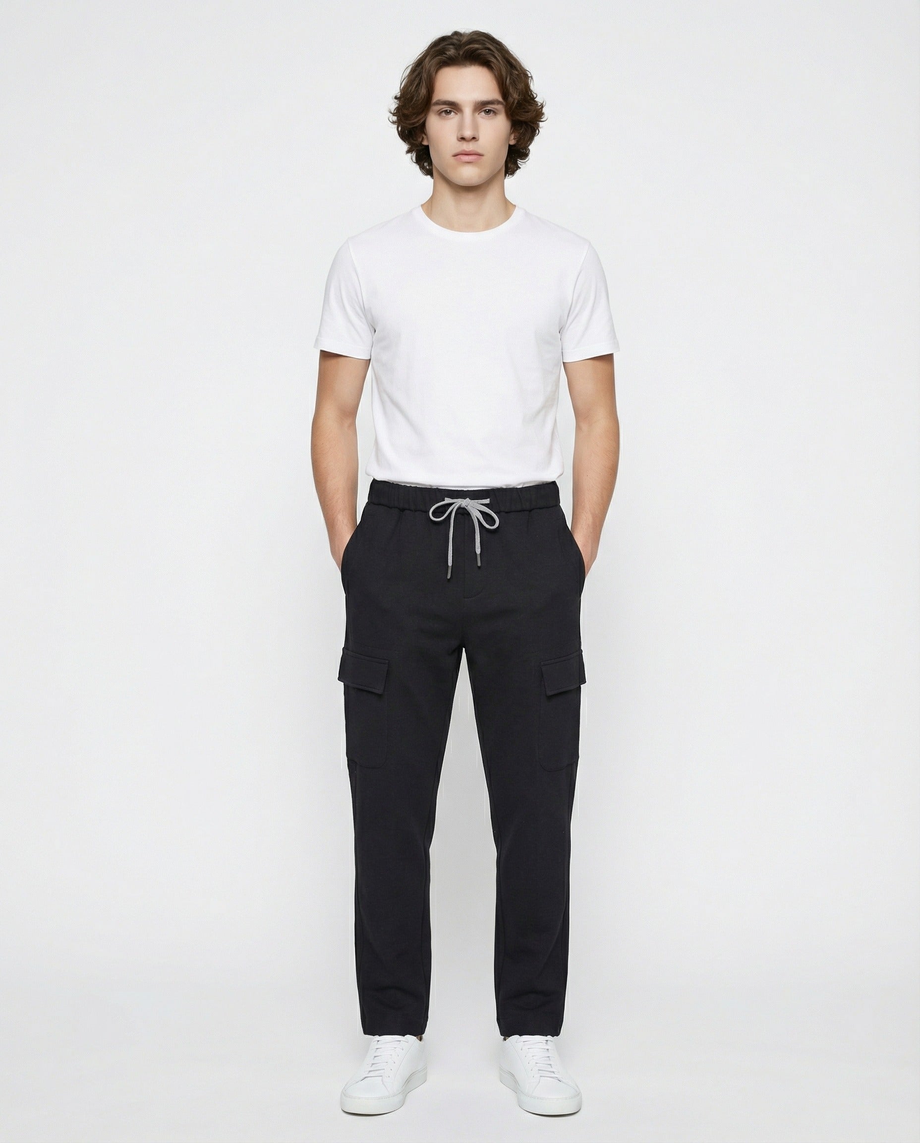 PESERICO MEN'S BLACK CARGO TROUSERS WITH DRAWSTRING