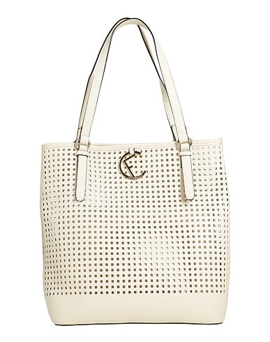 An off-white leather tote bag with a geometric perforated grid pattern, featuring dual shoulder straps and a circular interlocking 'F' logo on the front.