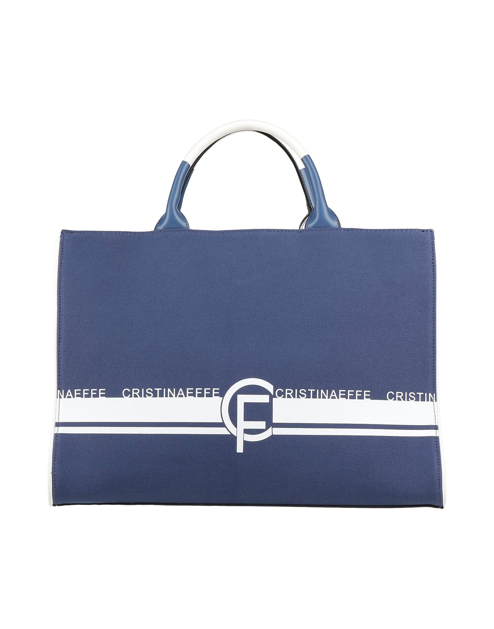 A navy blue tote bag with white accents, featuring a double top handle, a horizontal white stripe with the brand name 'CRISTINA AFEFF' repeated, and a large interlocking 'CA' logo in the center.