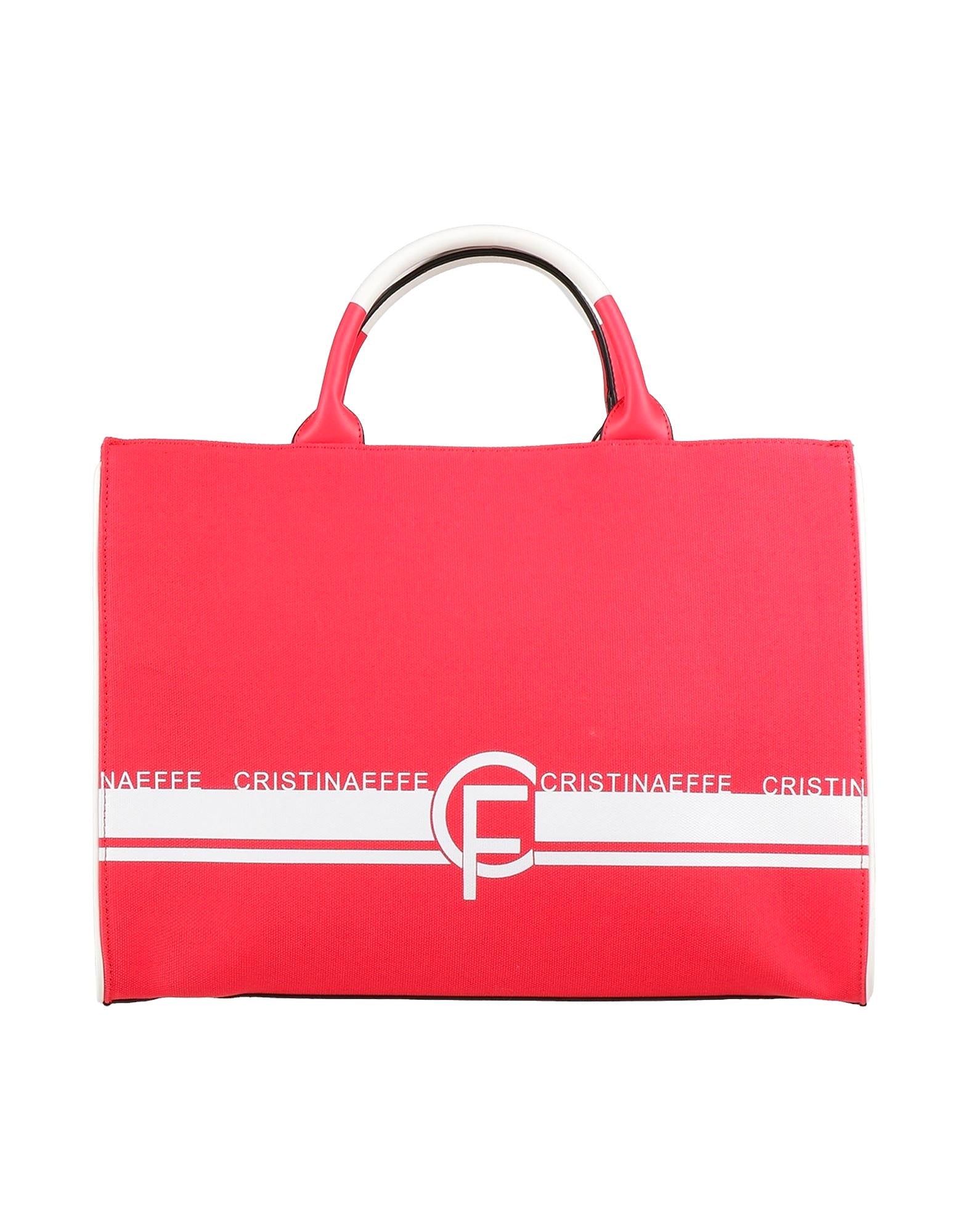 A bright pink tote bag with a white horizontal stripe across the middle, featuring the brand name 'CRISTINAEEE' in white text and a stylized 'CE' monogram logo. The bag has two top handles and is photographed against a solid white background.