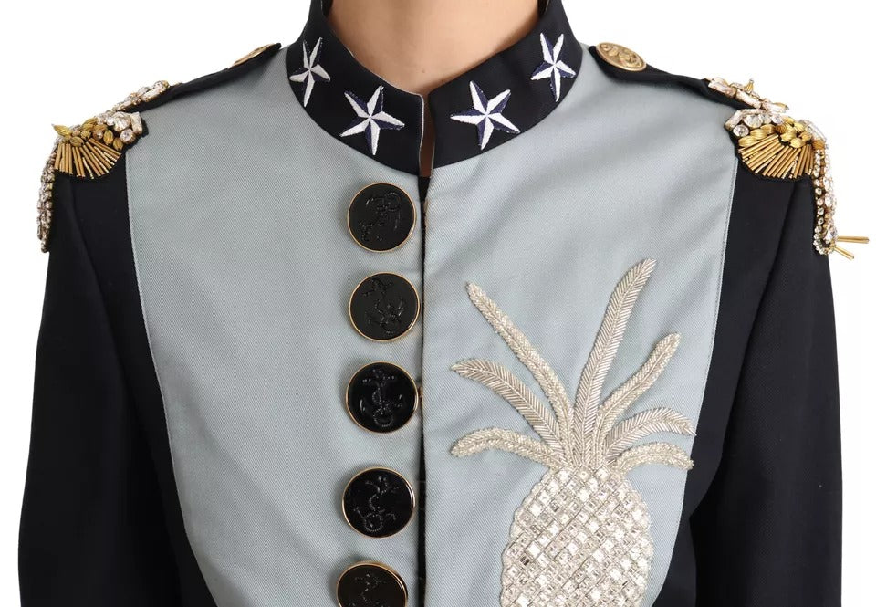 Dolce & Gabbana Blue Button Crystal Embellished Cotton Jacket