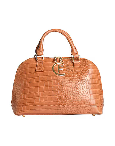 A structured tan crocodile-embossed leather handbag with double top handles, gold-tone hardware, and a prominent interlocking 'F' logo on the front, set against a plain white background.