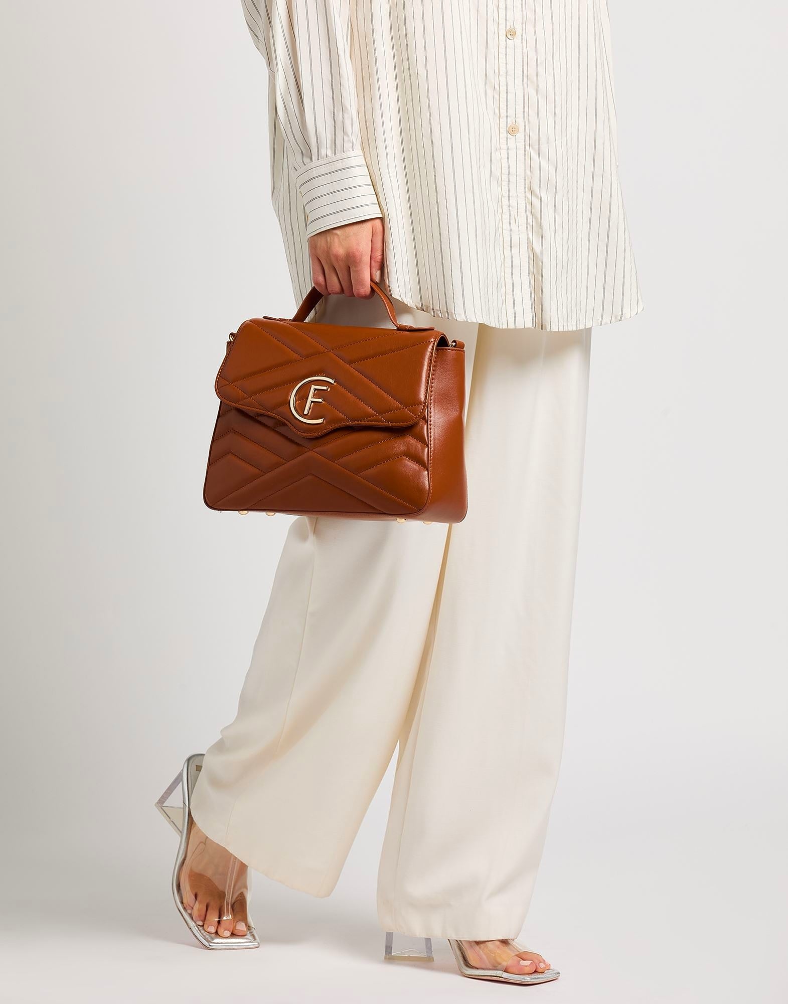 Cristinaeffe Quilted Leather Top Handle Bag in Cognac