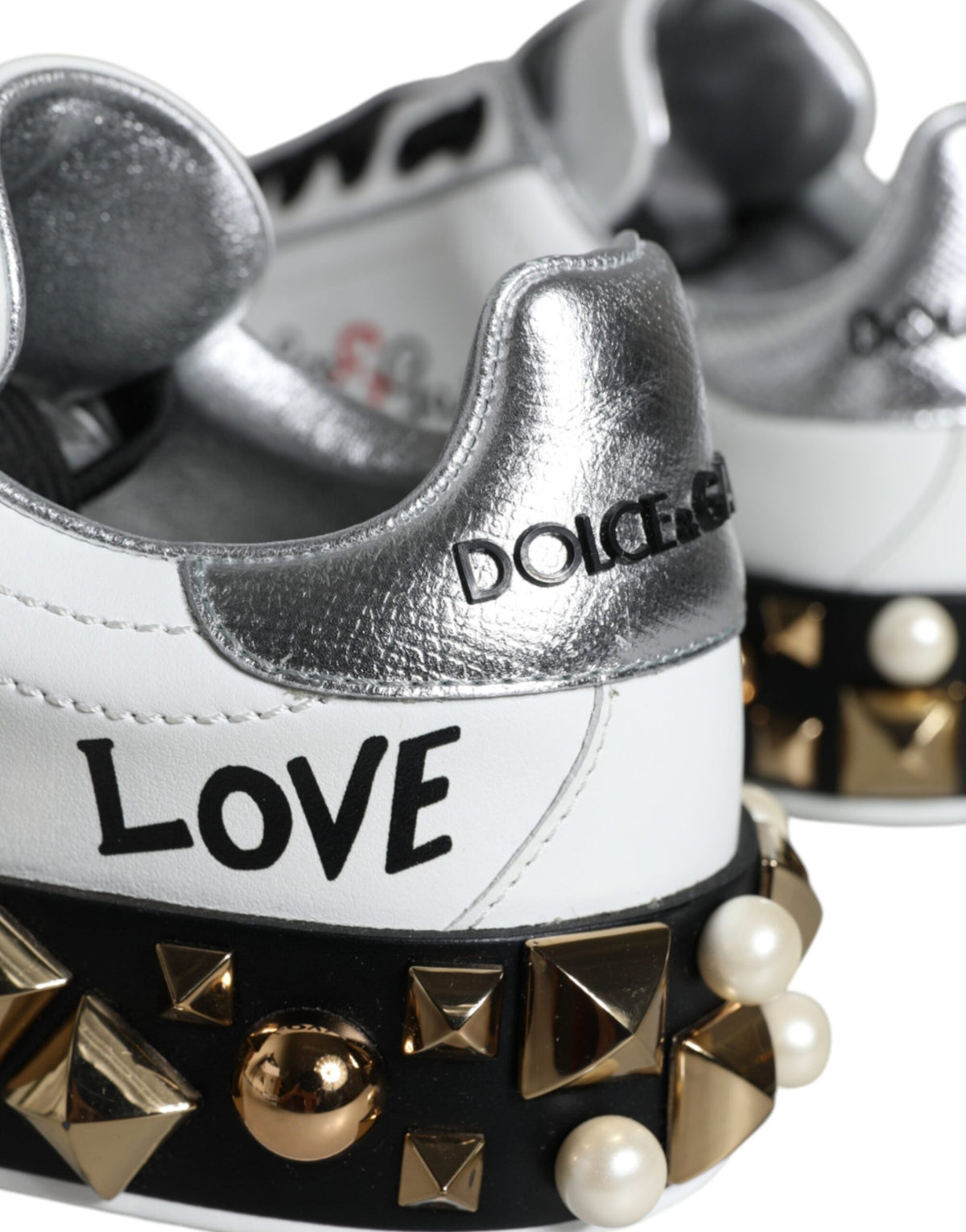 Dolce & Gabbana White Leather Floral Studded Sneakers Shoes