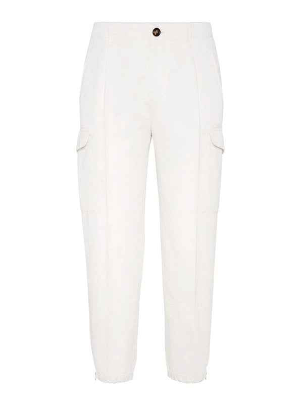 BRUNELLO CUCINELLI MEN'S OFF WHITE LINEN BLEND CARGO TROUSERS