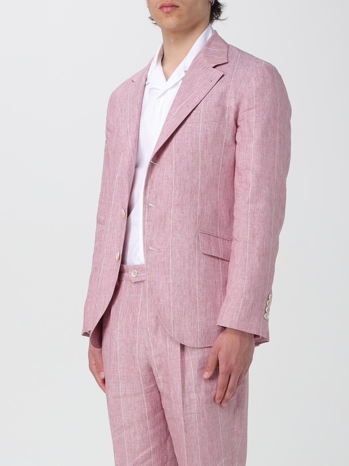 BRUNELLO CUCINELLI MEN'S PINK LINEN PINSTRIPE BLAZER