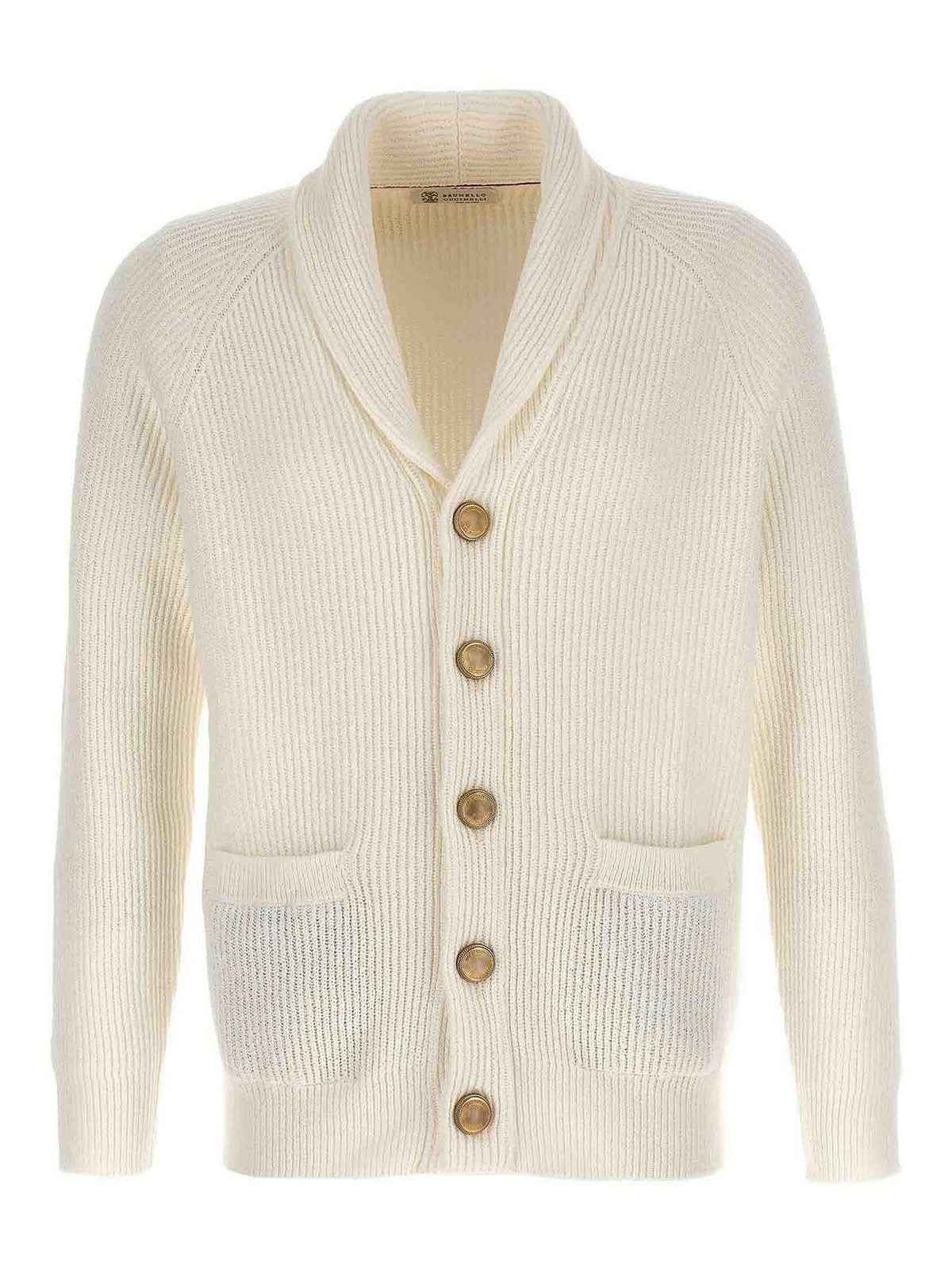 BRUNELLO CUCINELLI MEN'S IVORY SHAWL COLLAR KNIT CARDIGAN