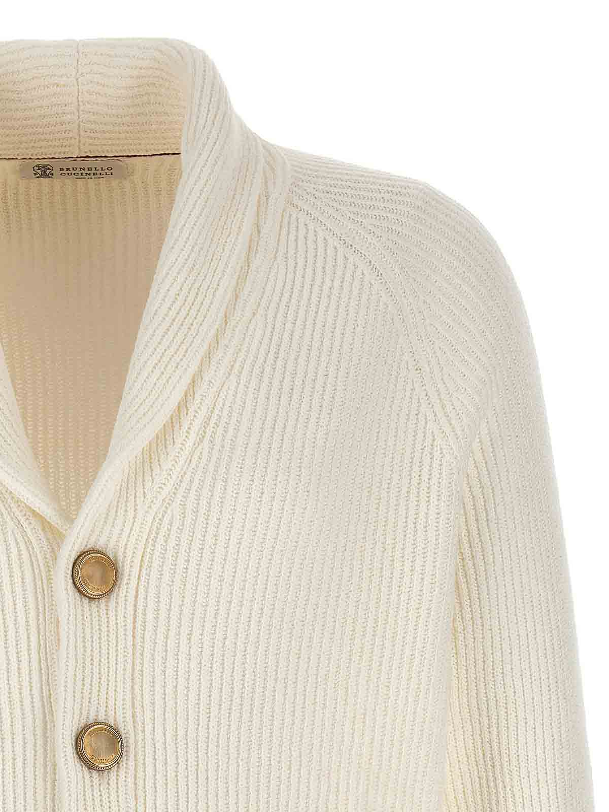 BRUNELLO CUCINELLI MEN'S IVORY SHAWL COLLAR KNIT CARDIGAN