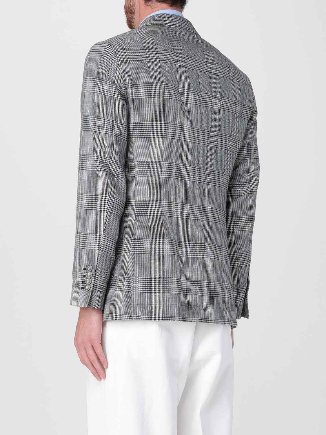 BRUNELLO CUCINELLI MEN'S GRAY PLAID DOUBLE-BREASTED BLAZER