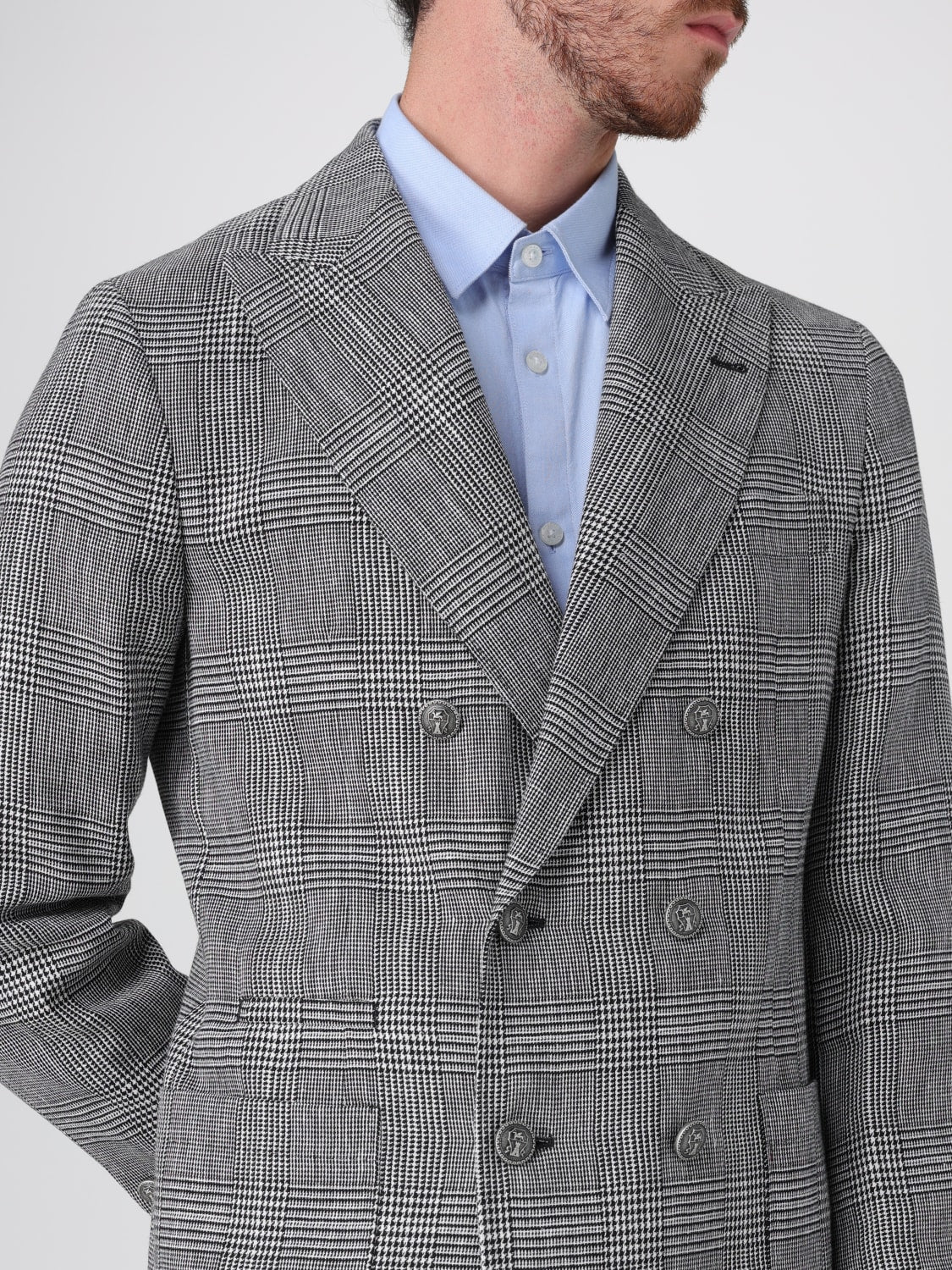BRUNELLO CUCINELLI MEN'S GRAY PLAID DOUBLE-BREASTED BLAZER