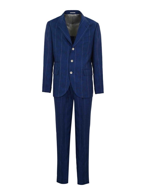BRUNELLO CUCINELLI MEN'S INDIGO LINEN PINSTRIPE SUIT