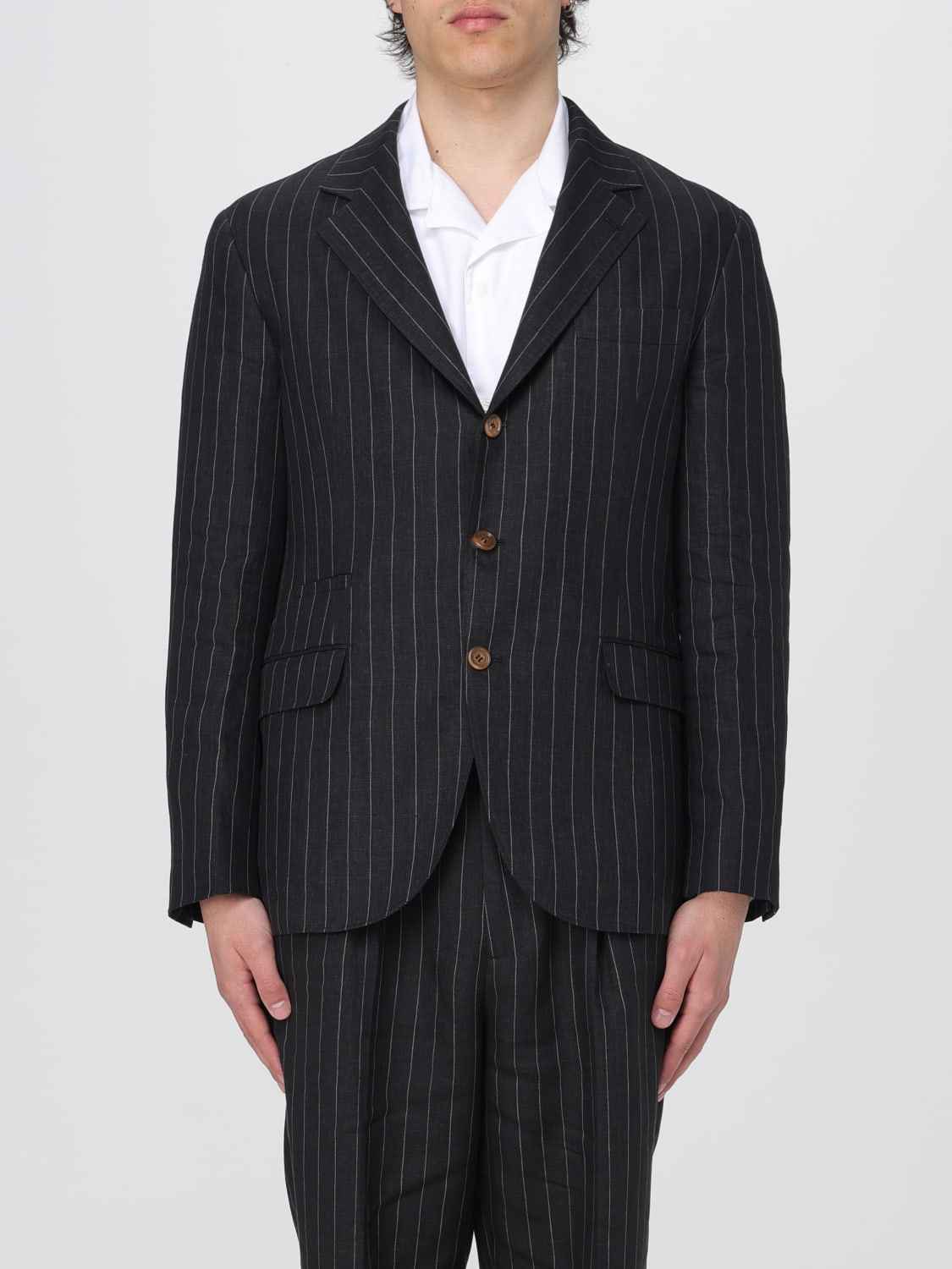 BRUNELLO CUCINELLI MEN'S BLACK LINEN PINSTRIPE BLAZER
