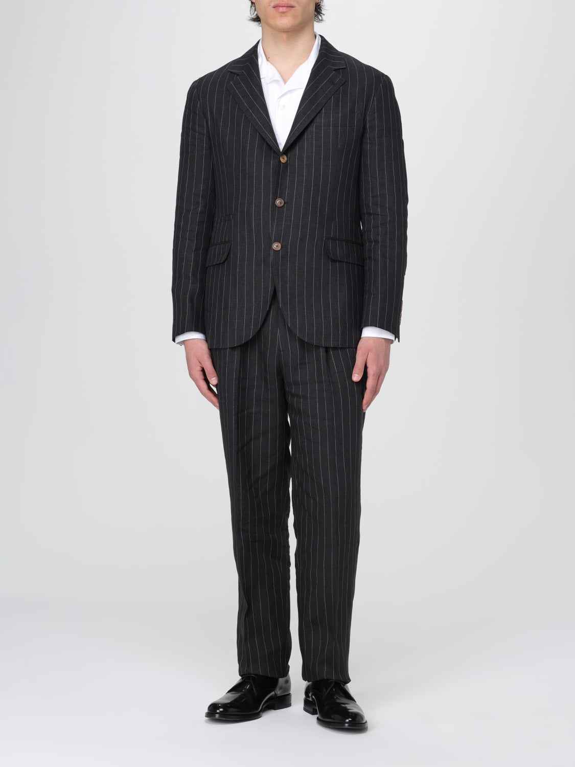 BRUNELLO CUCINELLI MEN'S BLACK LINEN PINSTRIPE BLAZER