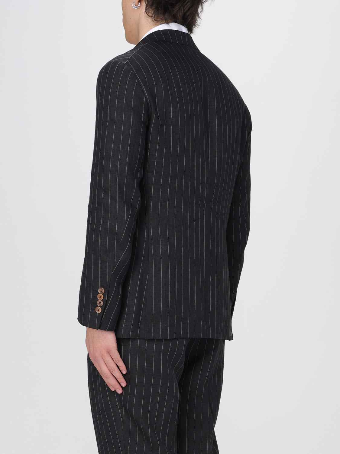 BRUNELLO CUCINELLI MEN'S BLACK LINEN PINSTRIPE BLAZER